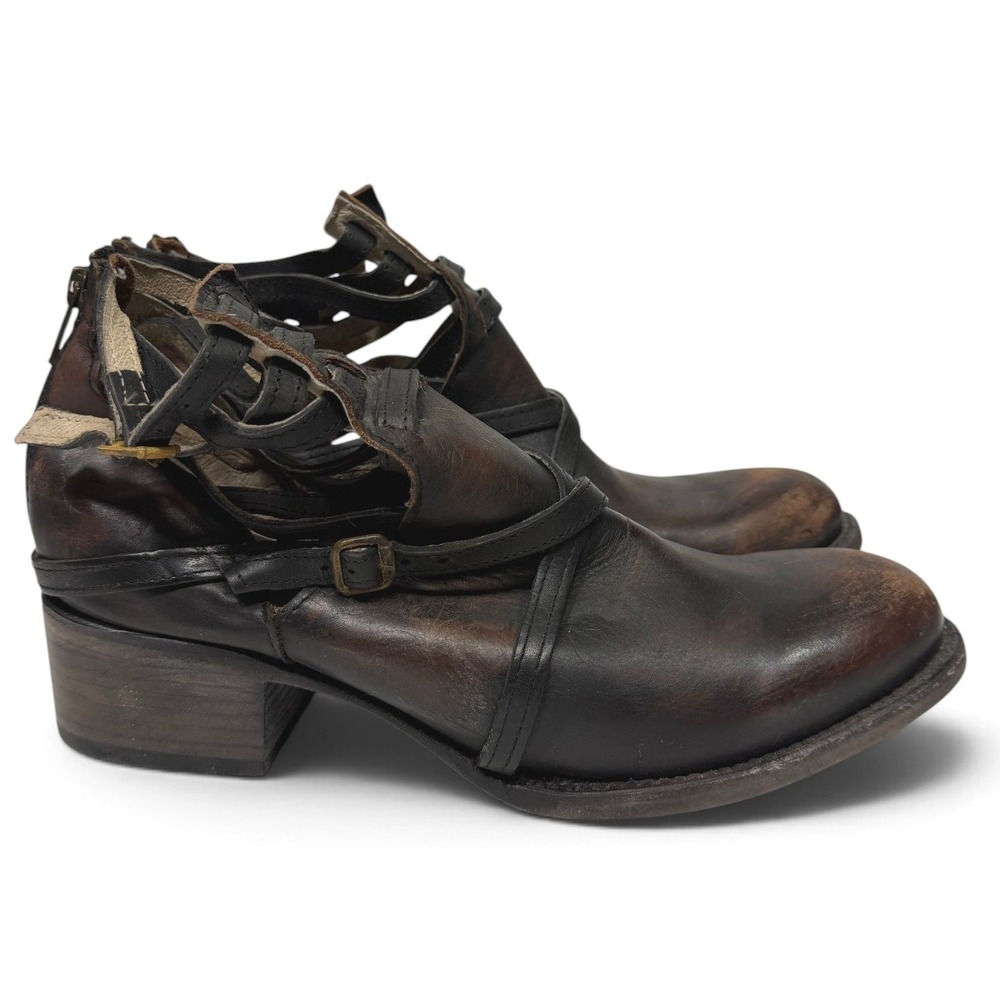 Freebird Ankle Boots Womens 10 Brown Stair Leather Caged Strappy Distressed Zip